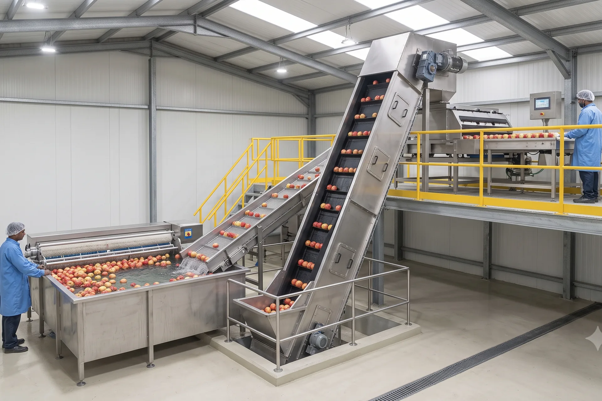 Steep cleated incline conveyor lifting apples from a wash tank to a grading line