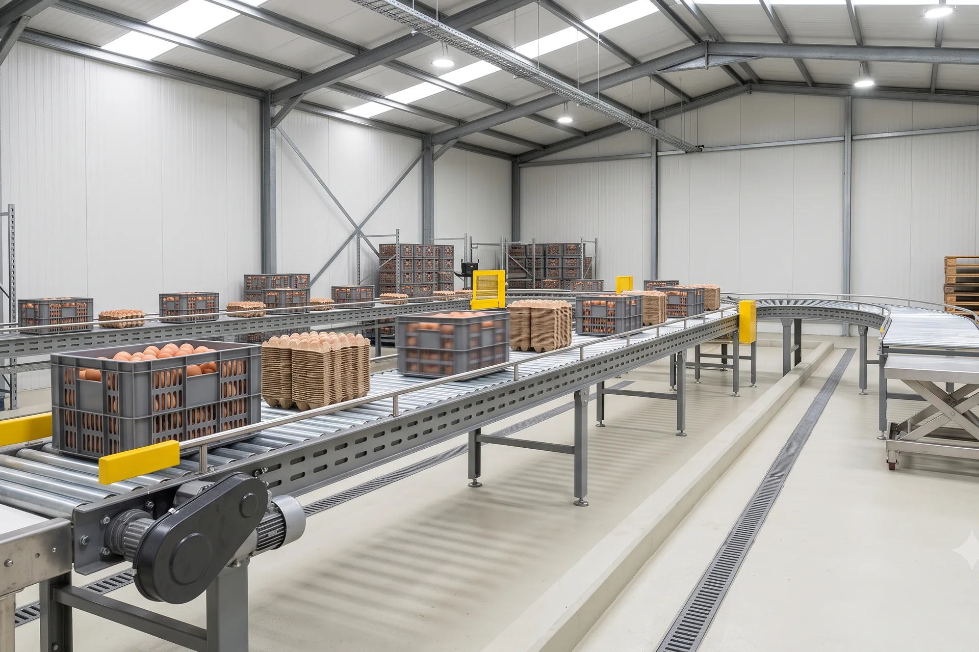 Driven roller conveyor carrying plastic egg crates around a store