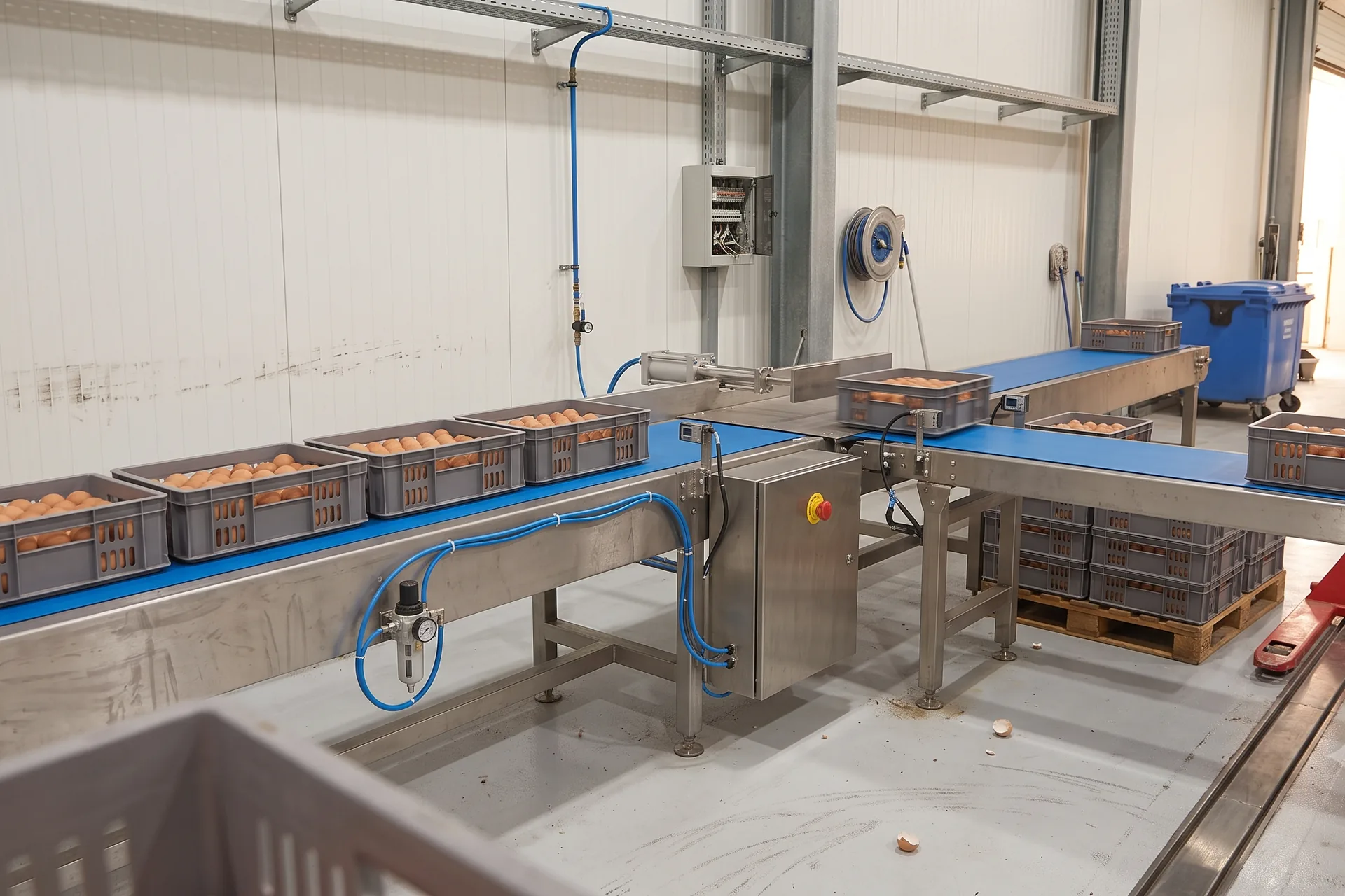 Right-angle transfer between two conveyor runs carrying crates of eggs